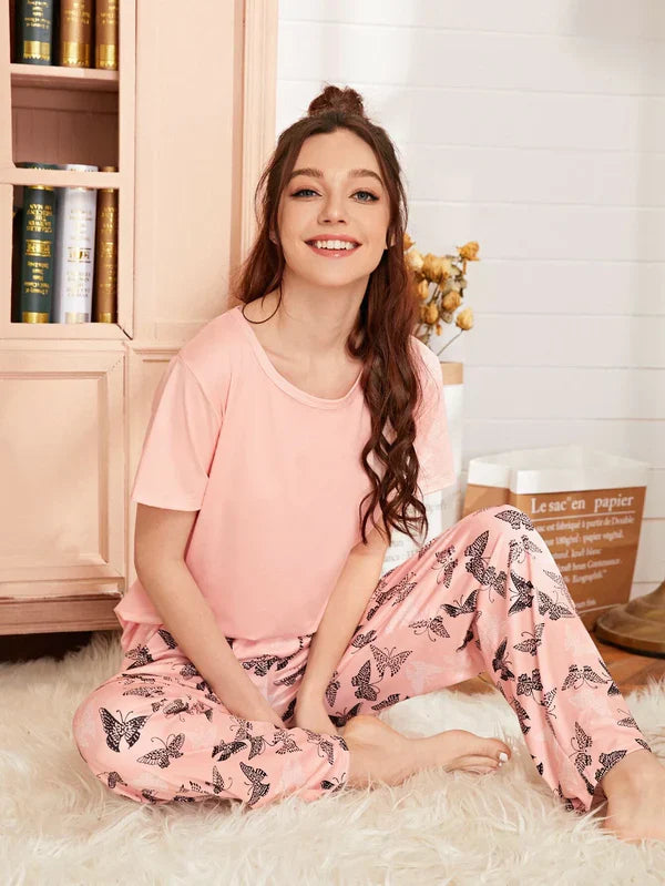 HN-BABY PINK WITH BUTTERFLY PRINTED PAJAMA NIGHT SUIT