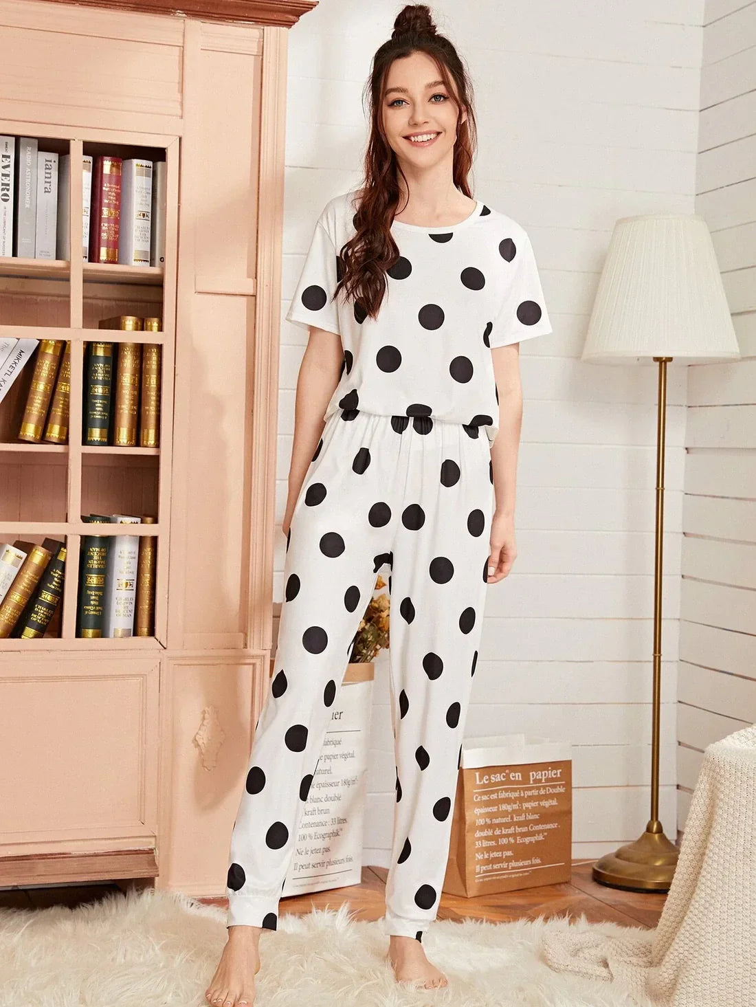 HN-BLACK AND WHITE DOTED HALF SLEEVES PRINTED NIGHT SUIT