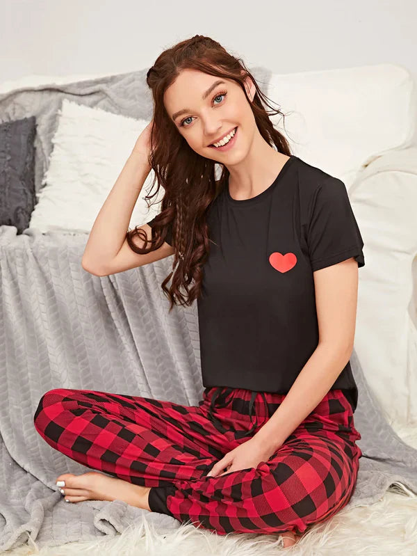 HN-CHECKERED PAJAMA HEART PRINTED NIGHT SUIT