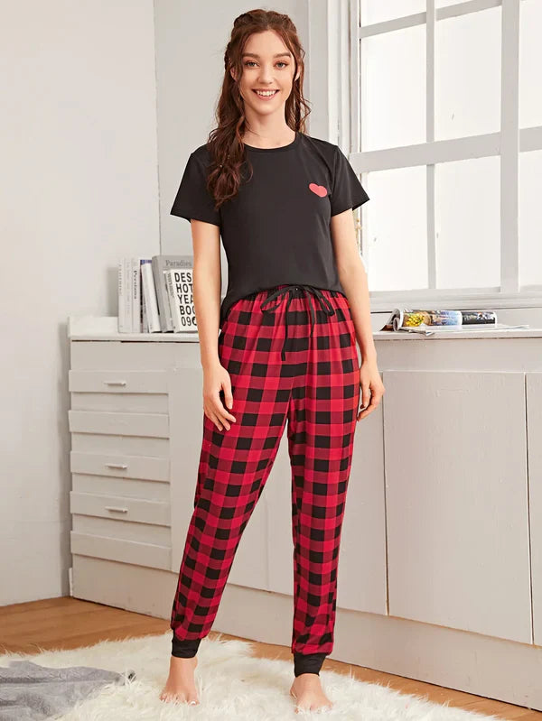 HN-CHECKERED PAJAMA HEART PRINTED NIGHT SUIT