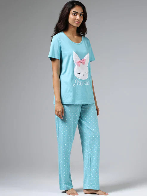 HN-SEA GREEN STAY CUTE PRINTED NIGHT SUIT