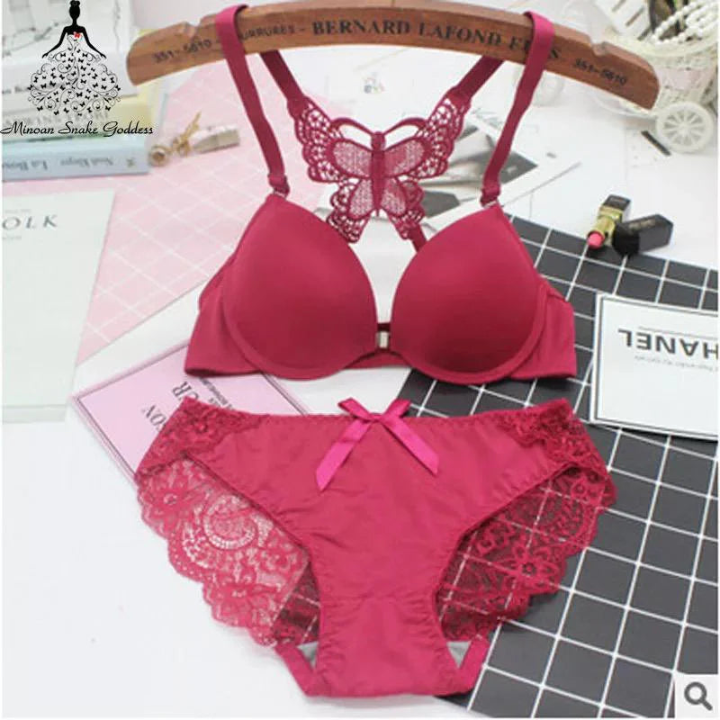 Fancy Front Opening Butterfly Bra Set With Bra Panty For Girls &amp; Women - Maroon - 32/70 - Maroon