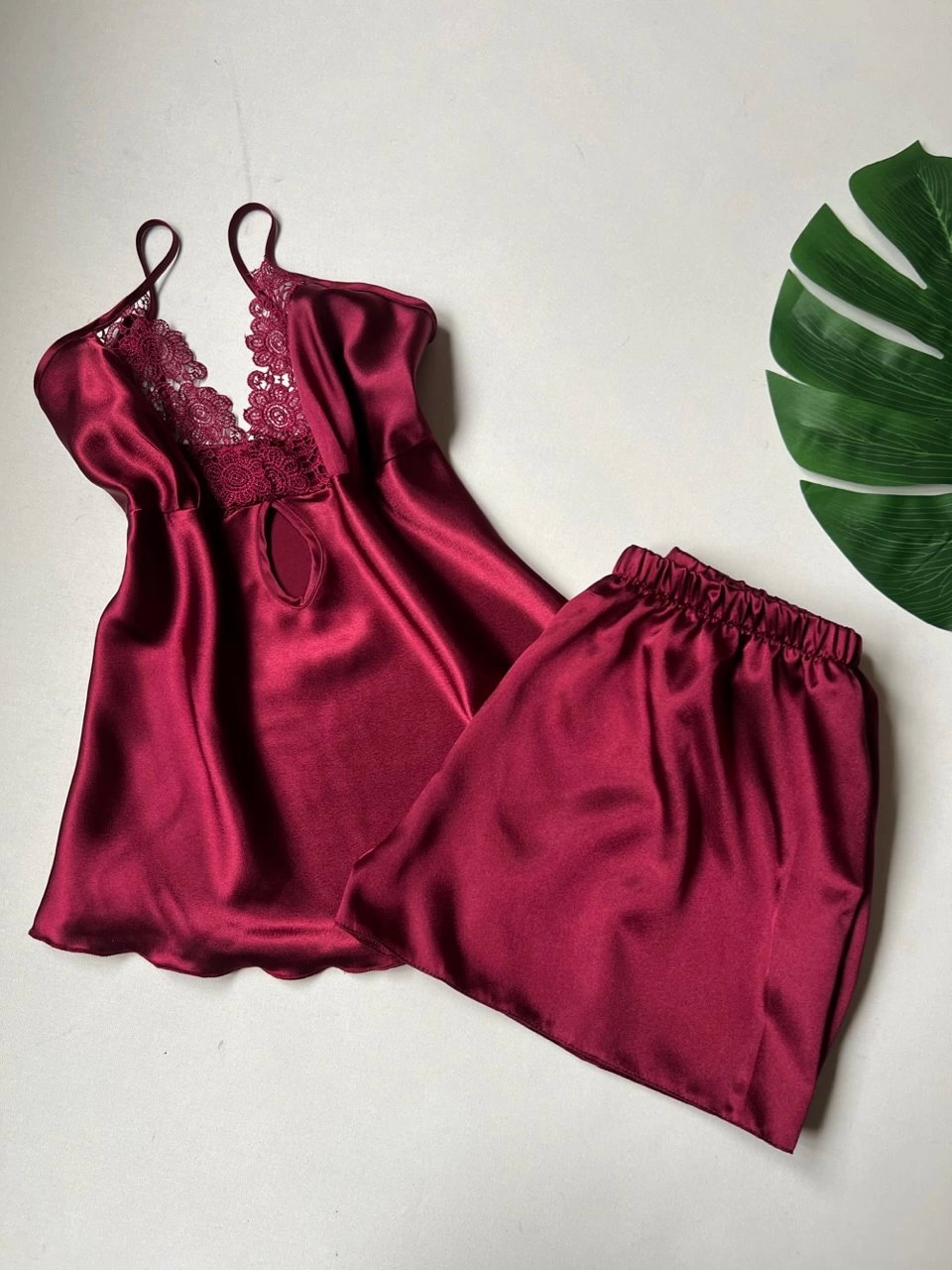 Burgundy Guipure Detailed 6-Piece Satin Nightgown Dressing Gown Set