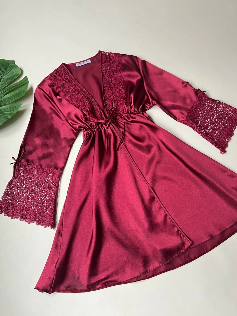 Burgundy Guipure Detailed 6-Piece Satin Nightgown Dressing Gown Set