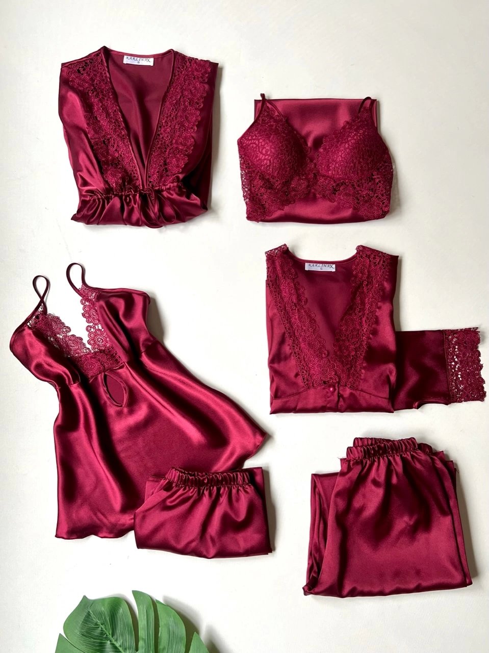 Burgundy Guipure Detailed 6-Piece Satin Nightgown Dressing Gown Set